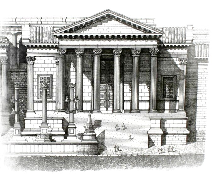 Reconstrucción del Templo de la Concordia en Roma - trabajo personal de Cassius Ahenobarbus, probablemente basado en el diseño de Jean Claude Golvin