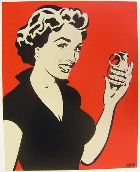 vintage happy housewife with a hand grenade por art