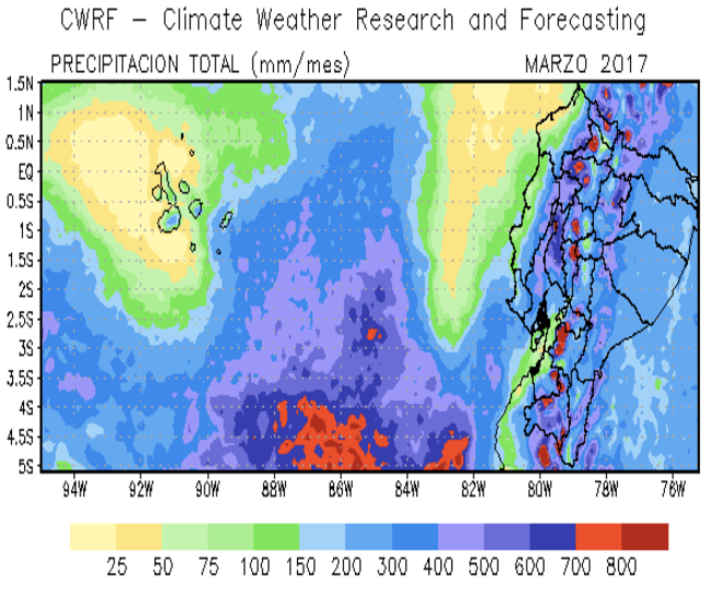 Gráfico de intensidad de lluvias en Ecuador. Abajo, en la costa peruana, se observa, la mayor intensidad (rojo). Fuente: INAMHI.