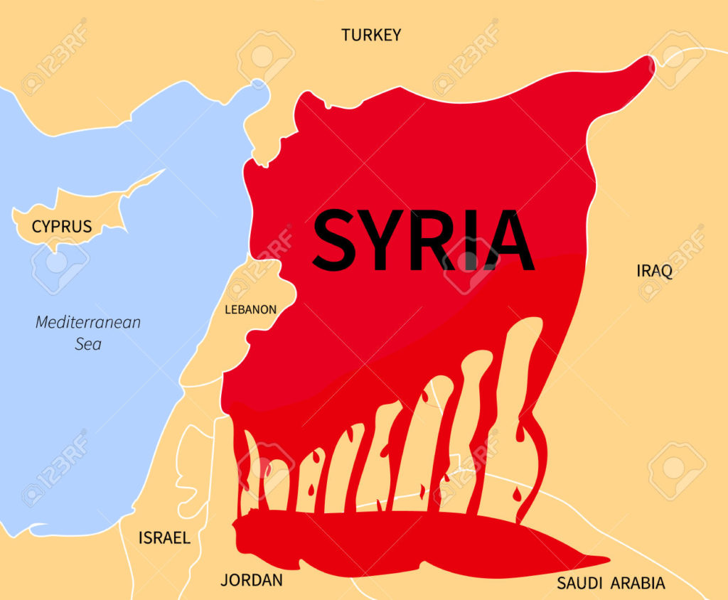 Syria country map silhouette in blood red color with the words. War victim immigration. Civil war in Syria. Syrian refugees in the form of blood. Cirian crisis emigrants. Syria refugee.