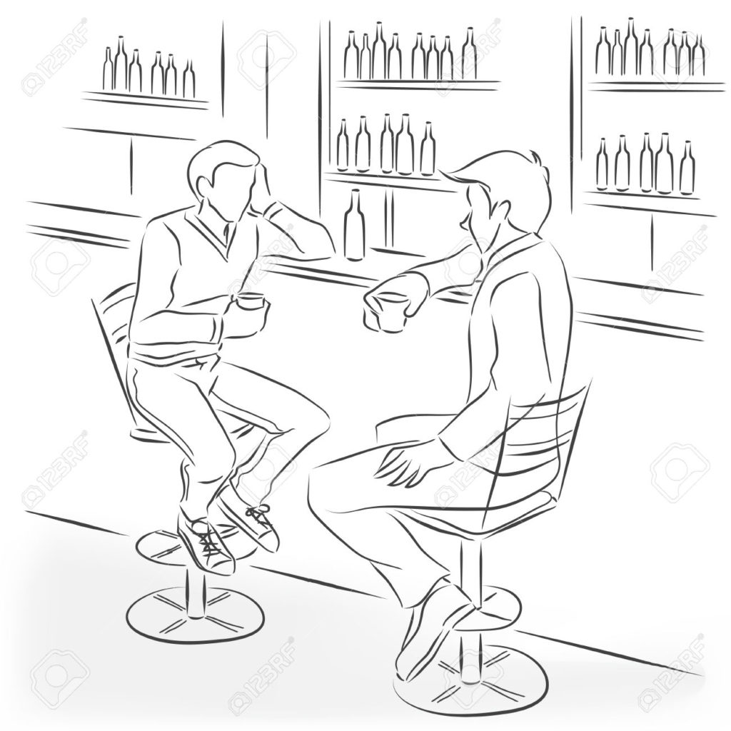 Two men sit in the bar at a bar counter. They're talking and drinking alcohol cocktails and strong drinks. Vector monochrome drawing drawn by the lines.