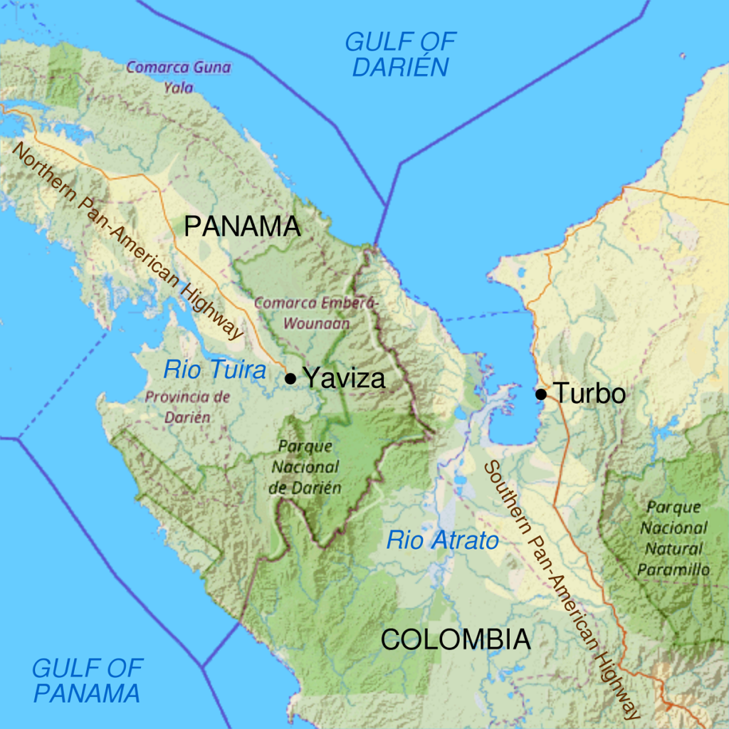 Mapa del Tapón de Darién y la interrupción en la Carretera Panamericana entre Yaviza, Panamá y Turbo, Colombia. Mapa de los contribuidores de CMG Lee y OpenStreetMap.