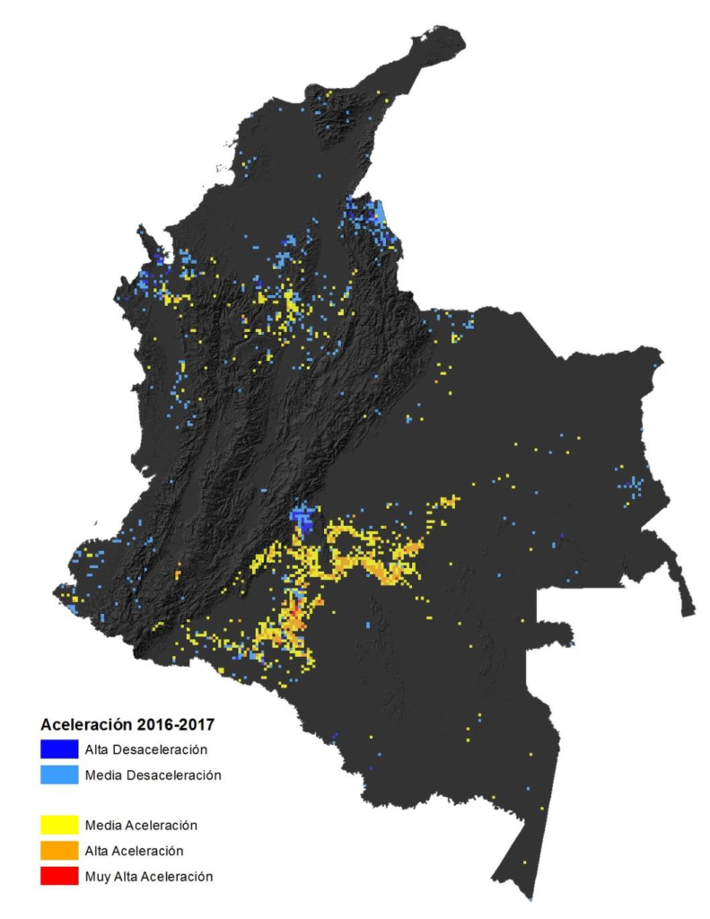 Estos son los puntos del país donde la deforestación se presenta de forma acelerada y donde se ha disminuido el fenómeno. Foto: Ideam.