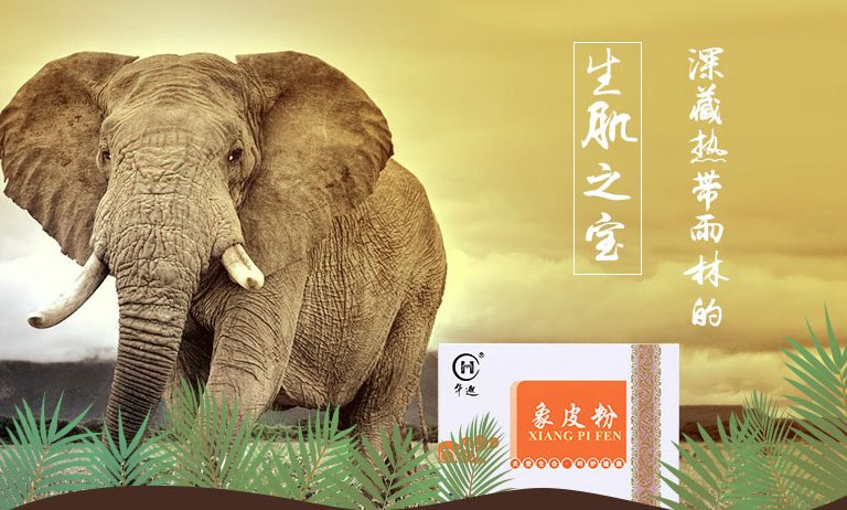 Embalaje que detalla productos de piel de elefante con la marca de SINO-TCM/Beijing Huamiao. Imagen cortesía de Elephant Family