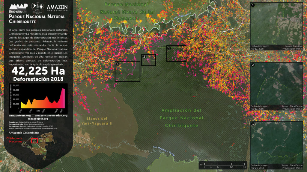 El foco 1 de deforestación son los llanos del Yarí. Imagen: DigitalGlobe, UMD/GLAD, Hansen/UMD/Google/USGS/NASA, PNN, SIAC, RAISG.