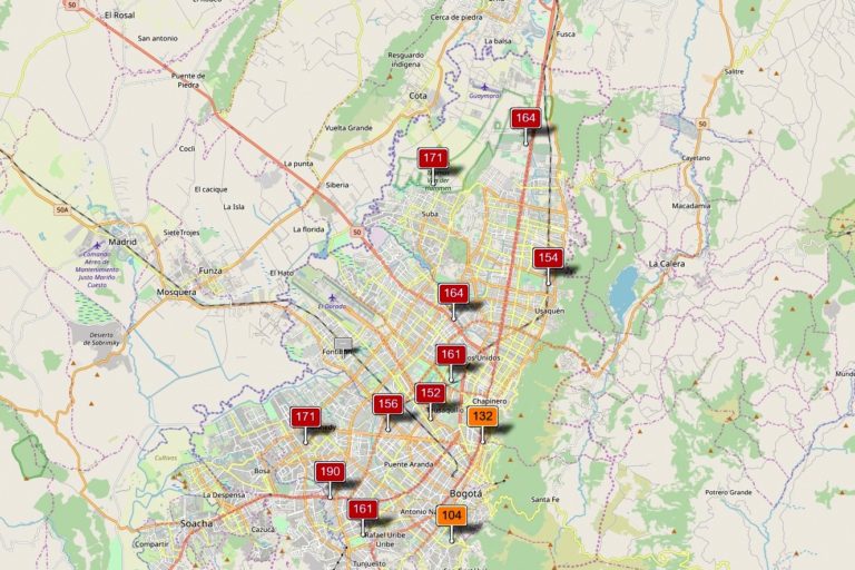 Reporte de las estaciones de monitoreo de calidad del aire en Bogotá el 28 de marzo de 2019 a las 8 am. Situación dañina para la salud. Imagen: Monitoreo calidad del aire Bogotá.