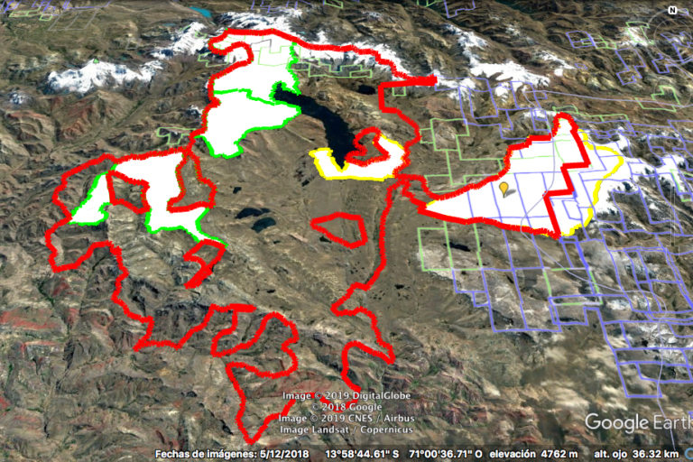 Imagen de Google Earth muestra la superposición de las concesiones mineras con el territorio solicitado como Área de Conservación Regional Ausangate. Foto: Google Earth.