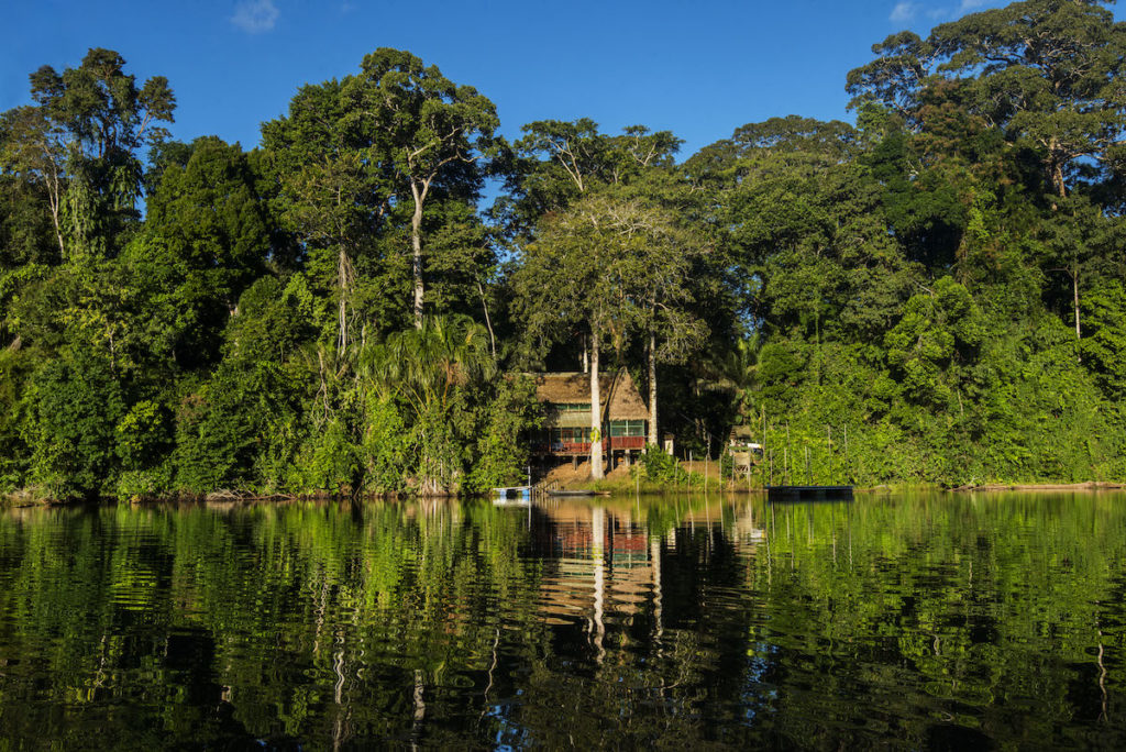Vista de la Estación Biológica Cocha Cashu tomada desde el lago. Foto: ©Gabriel Herrera.