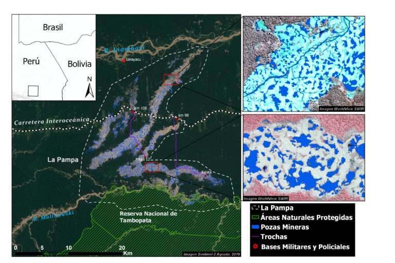 Mapa que muestra la zona de La Pampa y la Reserva Nacional Tambopata analizada por los investigadores. Fuente: CINCIA WFU