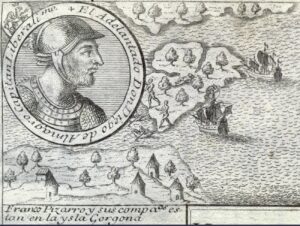 Pizarro en la isla Gorgona, grabado de 1726.