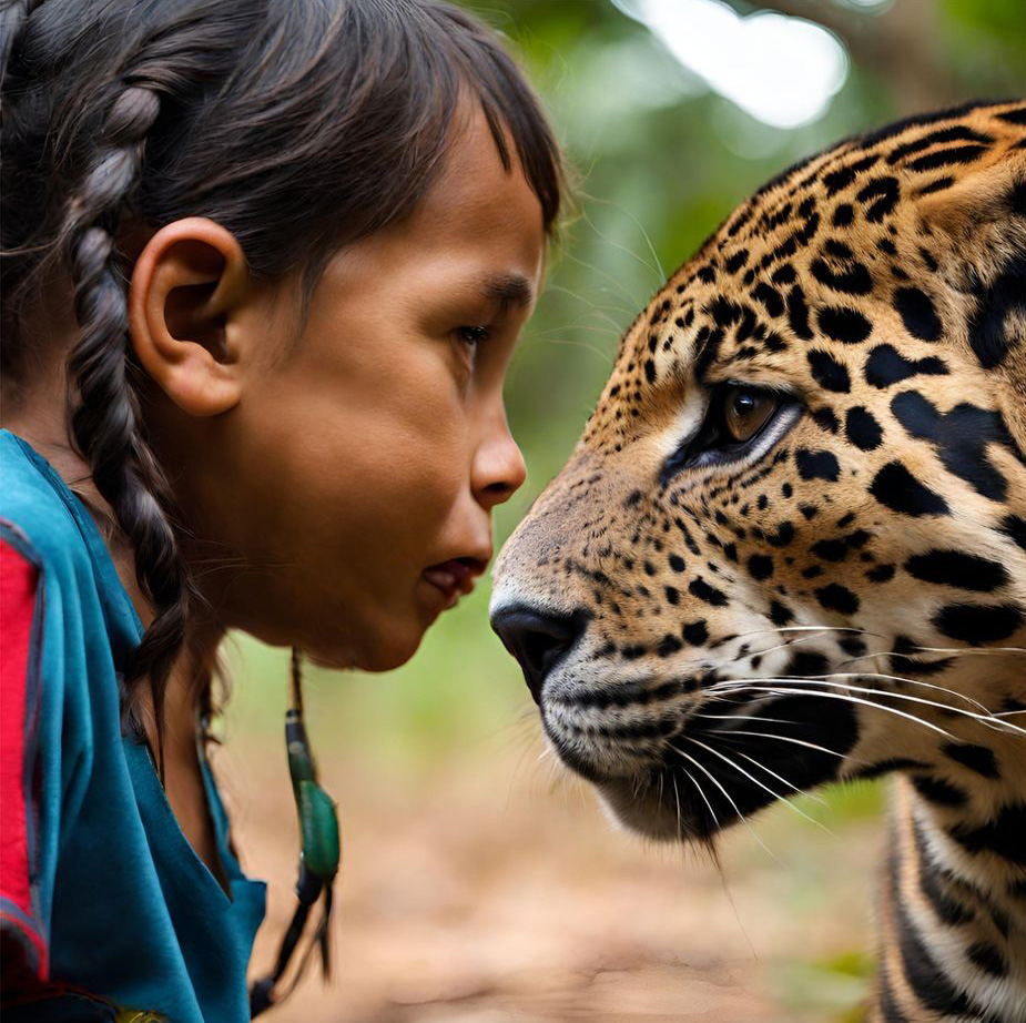 Niña indígena y jaguar.