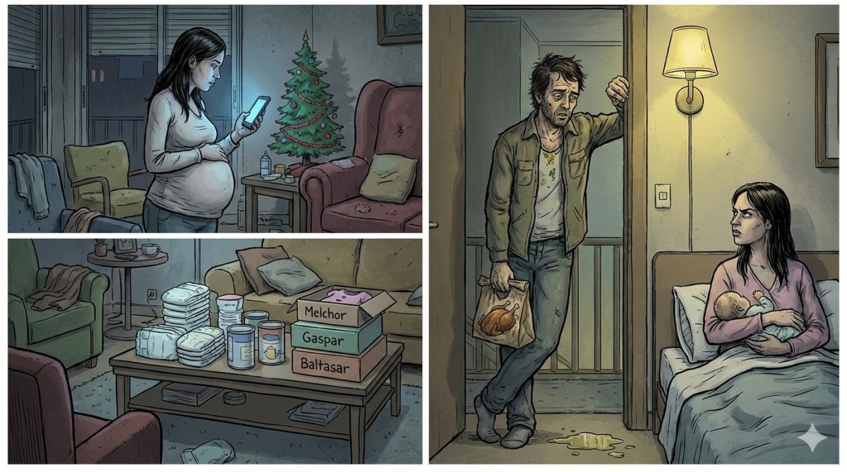 María rompió fuente (Cuento de Navidad con tres finales)